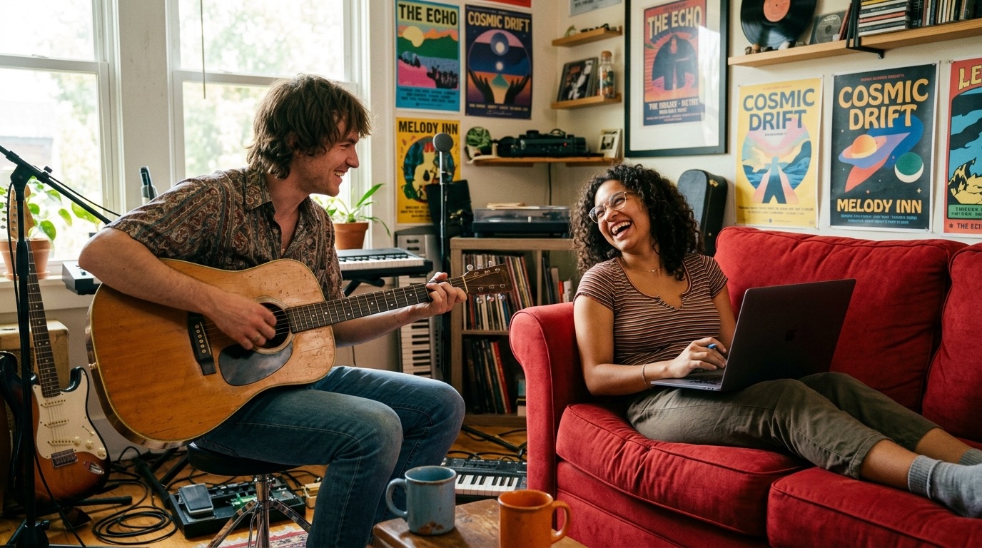 Two musicians co-writing in a sunlit studio, one on guitar and one typing lyrics on a laptop